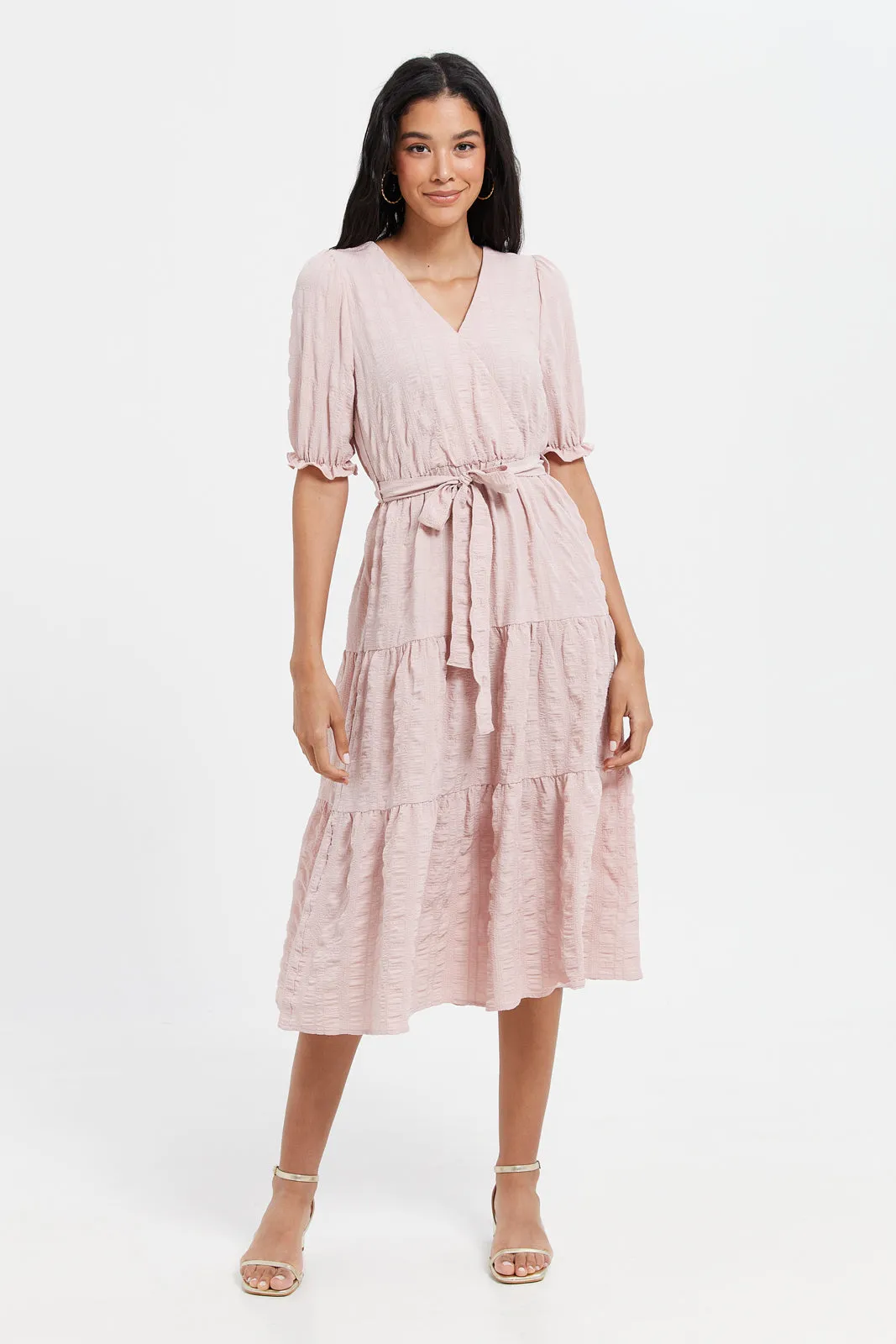 Women Pink Puff Sleeves Tiered Dress