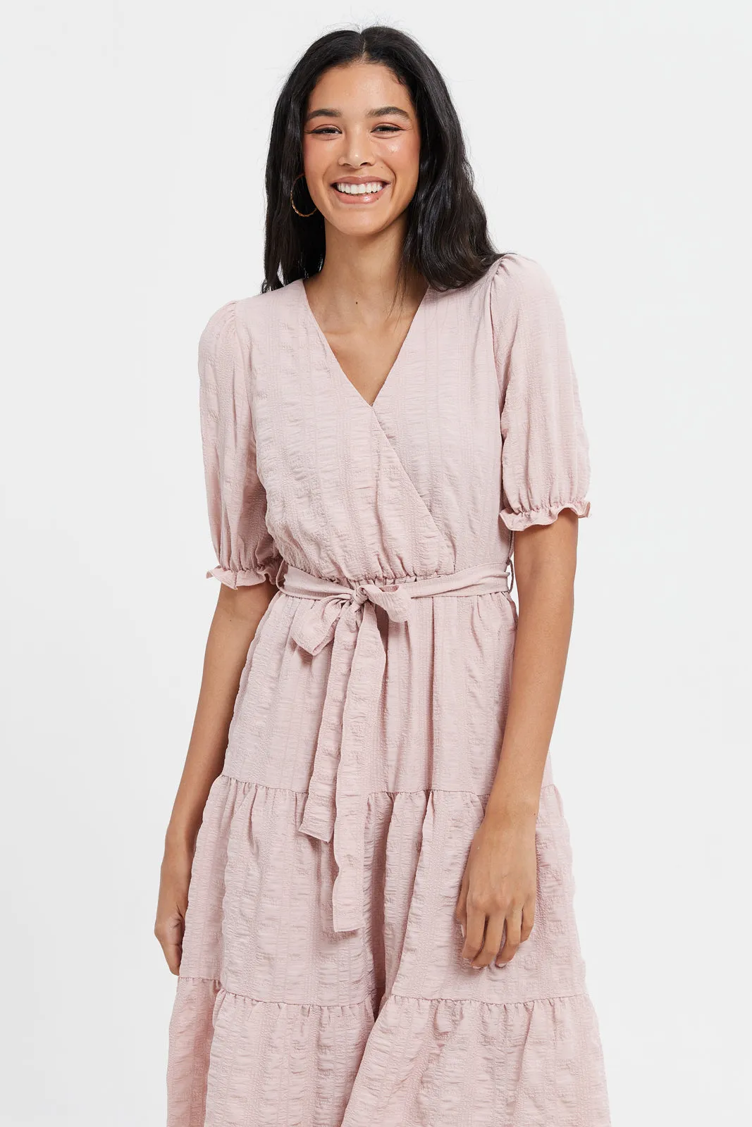 Women Pink Puff Sleeves Tiered Dress