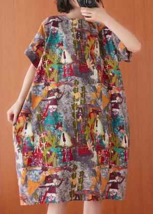 Women Print O-Neck Cotton Linen Party Dress Summer