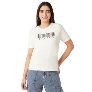 Women Slim Fit Ivory Boxy Chest Print T-Shirt
