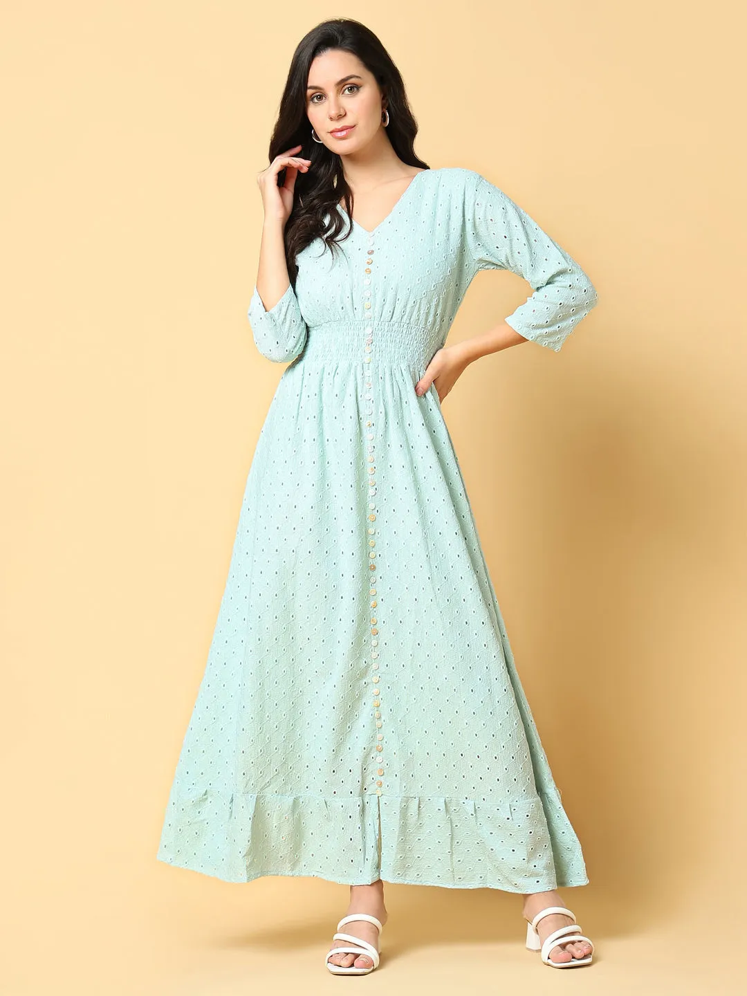 Women Solid Sea Green Fit and Flare Schiffli Dress