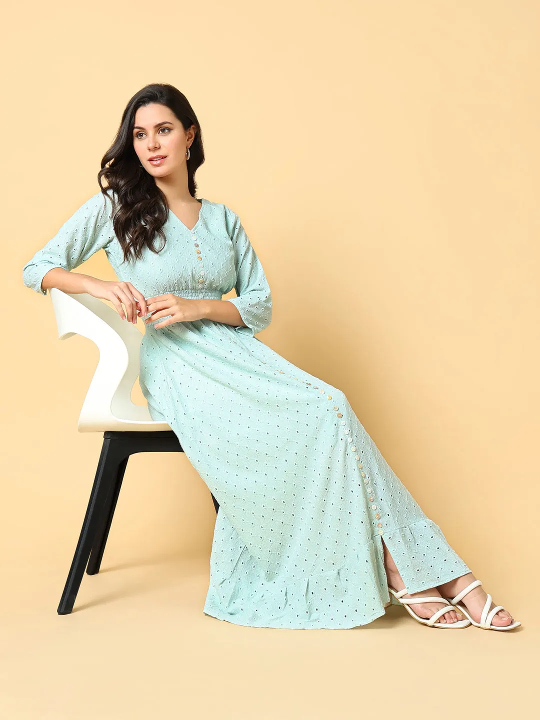 Women Solid Sea Green Fit and Flare Schiffli Dress