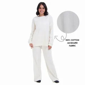 Women Winter Pajama Set Off white jacquard Oversized Sweatshirt   Pants