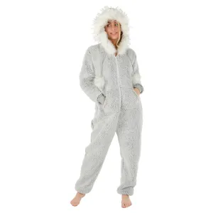 Womens All in One Pyjama Suit Faux Fur Hood Pom Poms Fleece