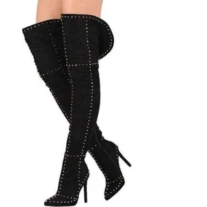 Women's Black Faux Suede Studded Thigh High Boots