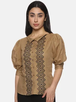 Women's Casual Brown Cotton Half Sleeves Top - Comfortable and Stylish
