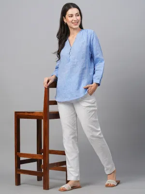 Women's Chambray Blue Linen Loose Fit Blouse