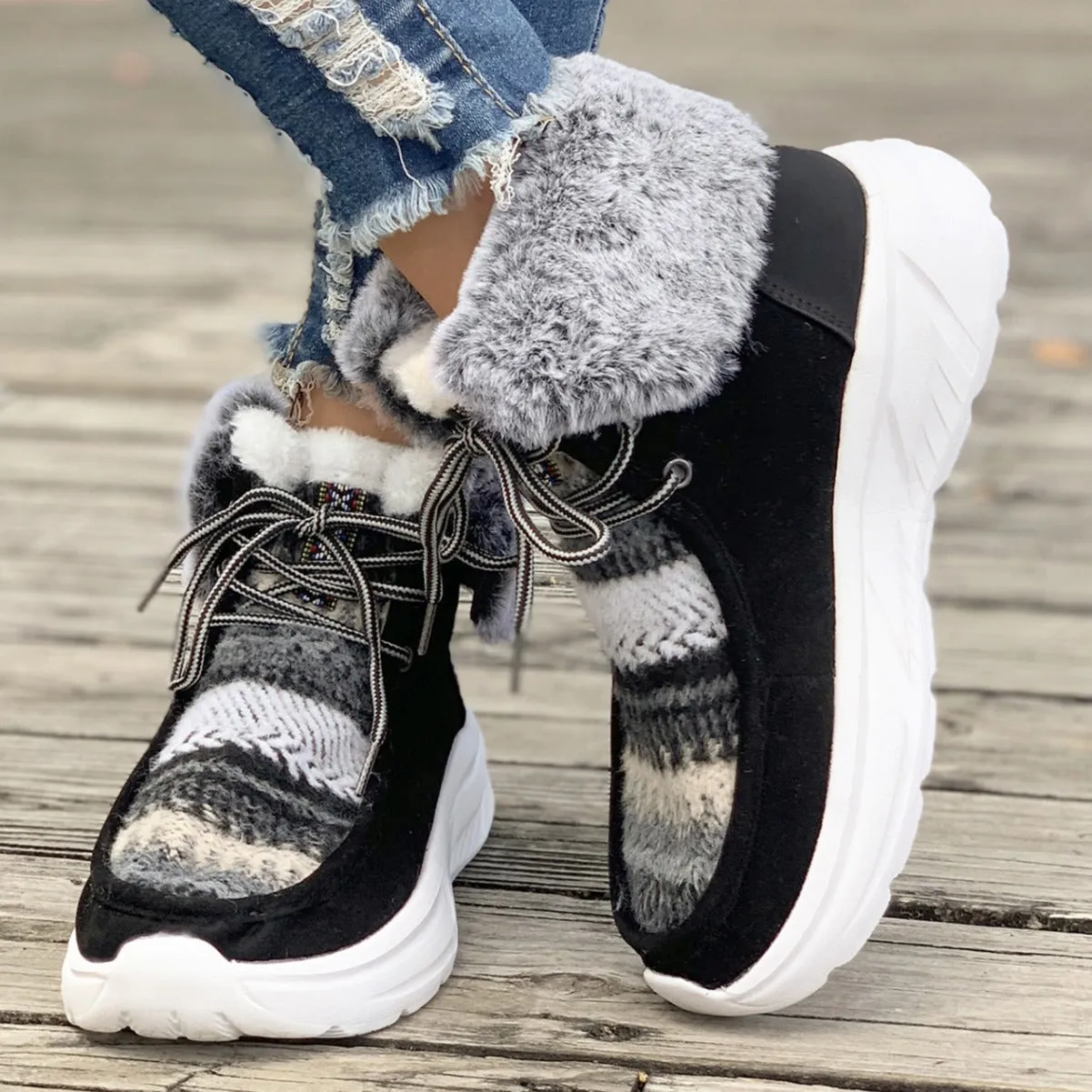 Women's chunky platform colorblock plush lining snow boots anti-skid