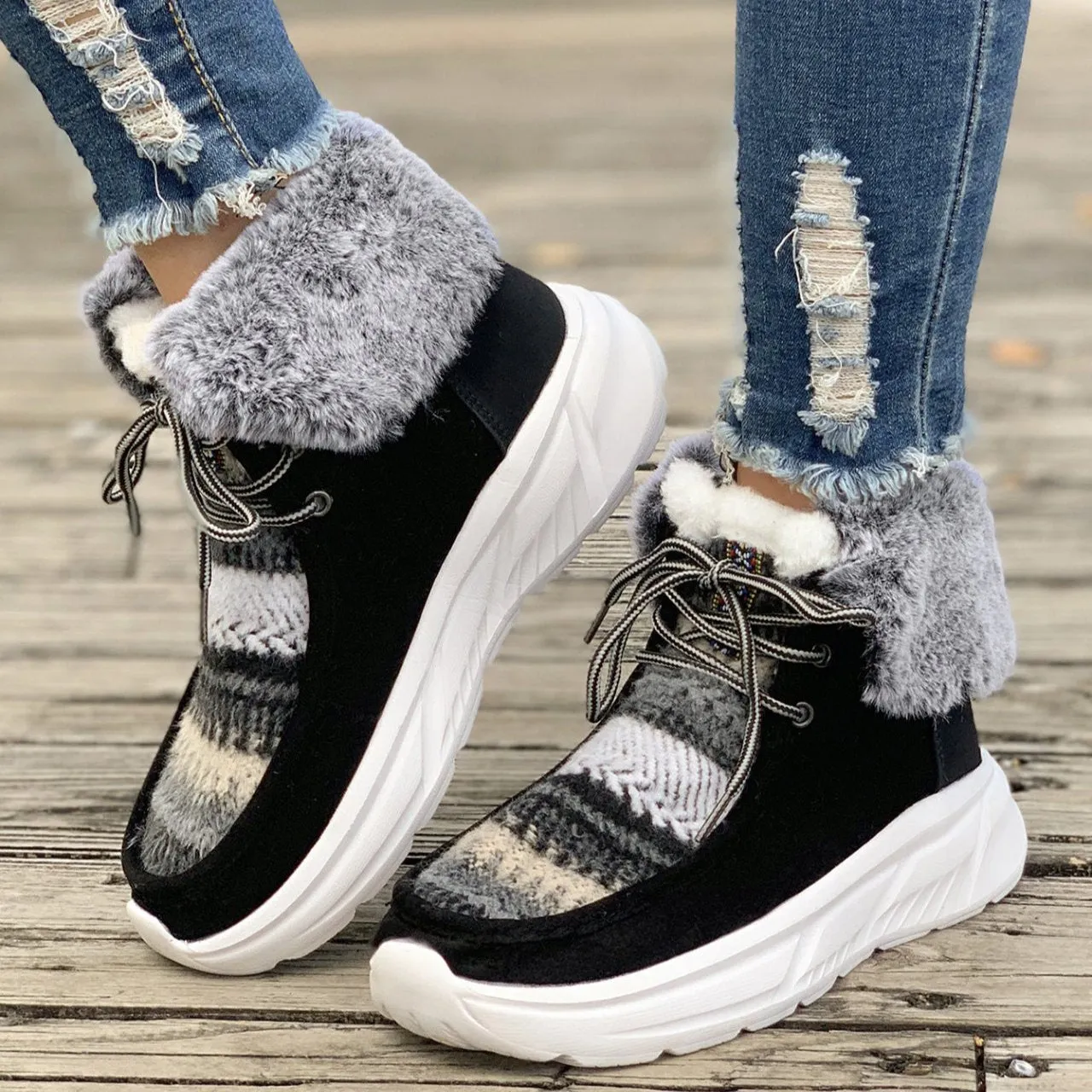 Women's chunky platform colorblock plush lining snow boots anti-skid