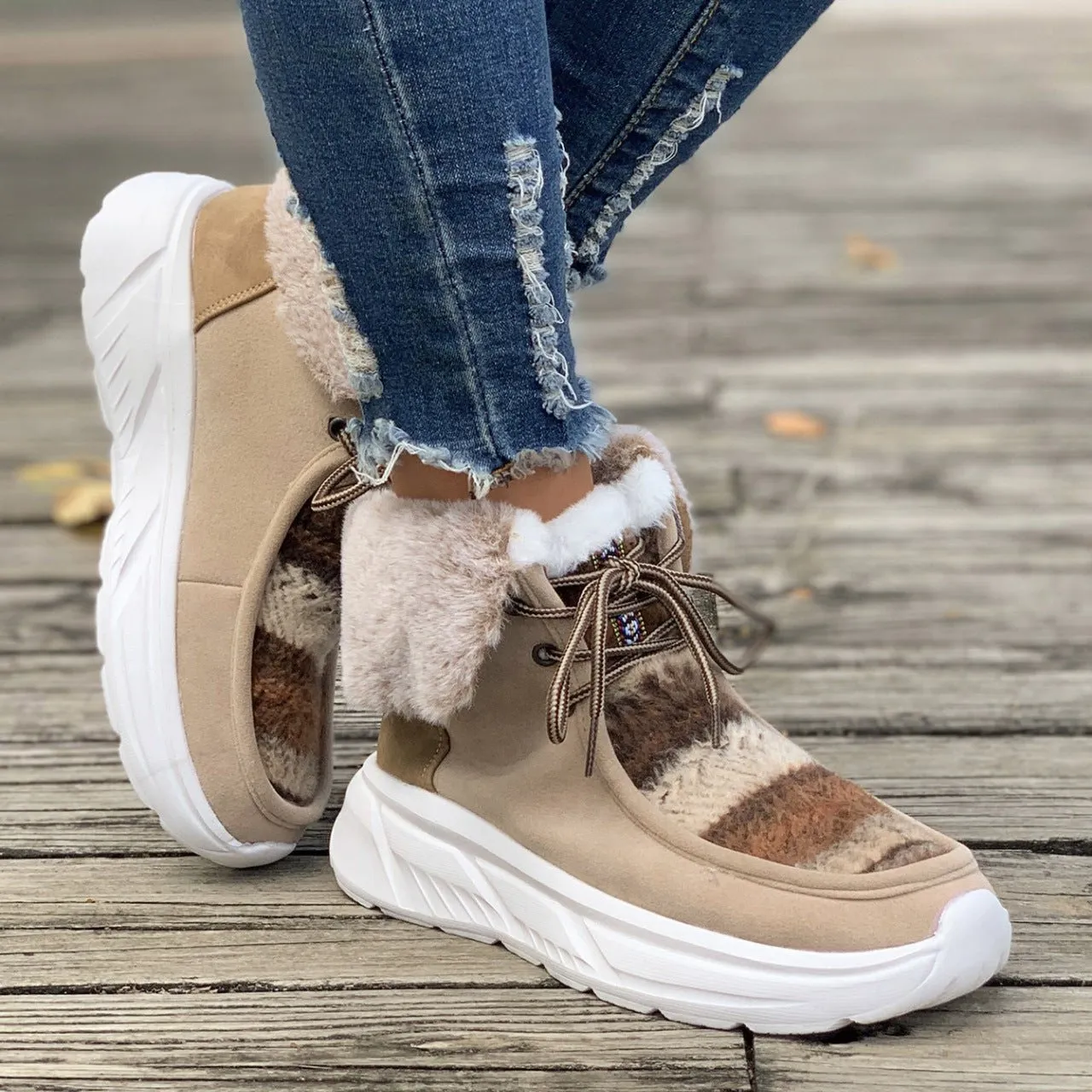 Women's chunky platform colorblock plush lining snow boots anti-skid
