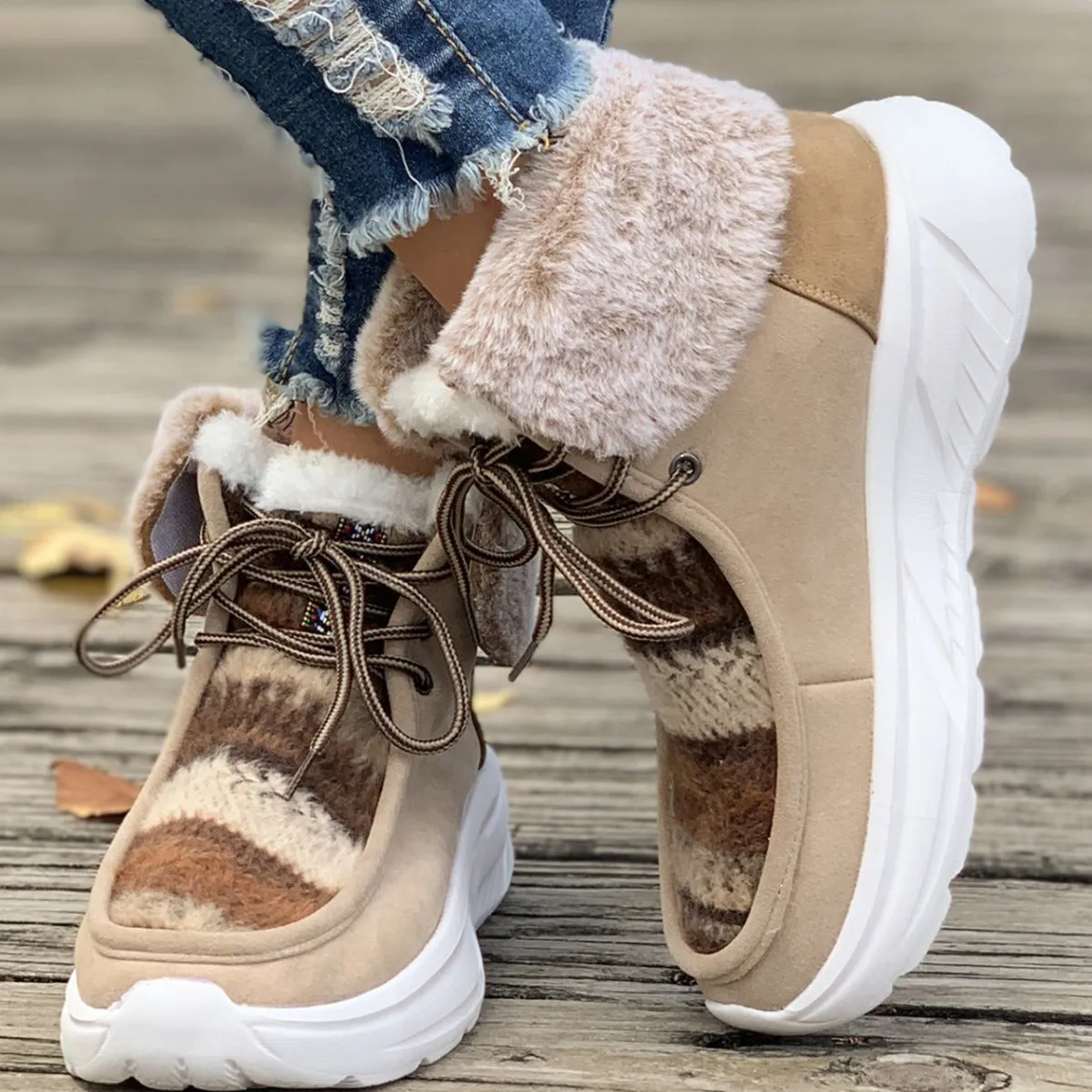 Women's chunky platform colorblock plush lining snow boots anti-skid