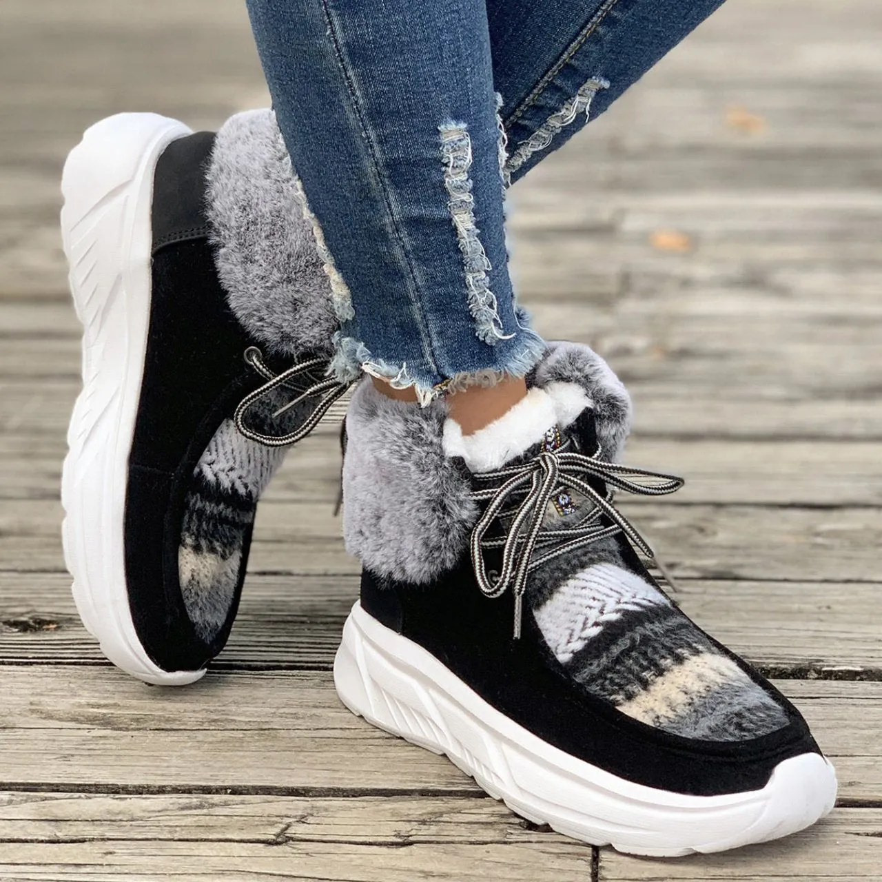 Women's chunky platform colorblock plush lining snow boots anti-skid