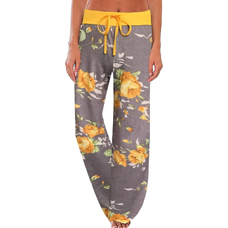 Women's Comfy Floral Print High Waist Drawstring Wide Leg Pants