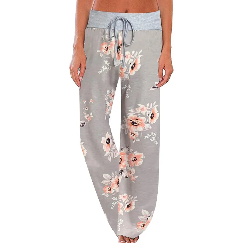 Women's Comfy Floral Print High Waist Drawstring Wide Leg Pants