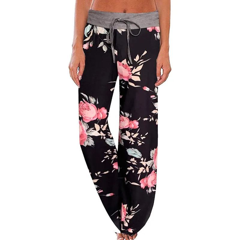 Women's Comfy Floral Print High Waist Drawstring Wide Leg Pants