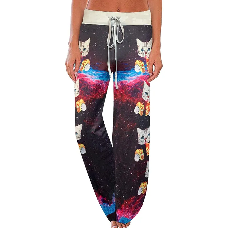 Women's Comfy Floral Print High Waist Drawstring Wide Leg Pants