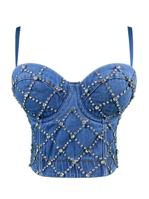 Women's diamond-encrusted shiny denim vest