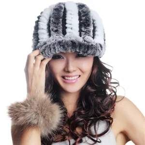 Women's Hats Winter Real Rex Rabbit Fur Hat Wool Visor Ski Hat Cap 13615