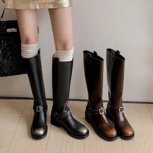 Women's Knee-High Leather Moto Boots with Buckle Strap and Block Heel in Brown/Black