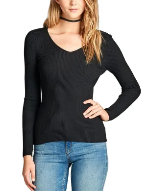 Women's Long Sleeve V-Neck Fitted Rib Rayon Nylon Sweater Top