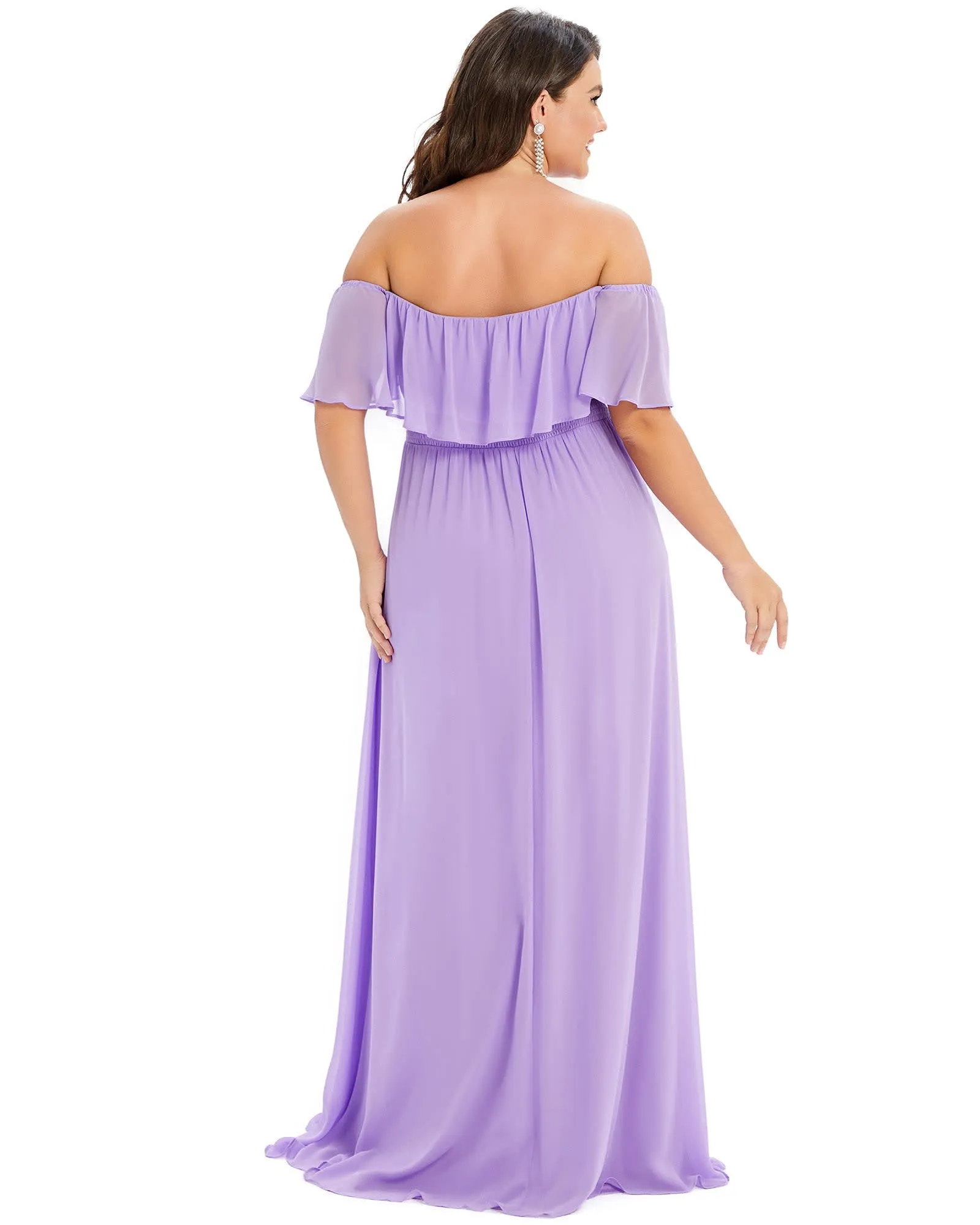 Women's Off Shoulder Ruffle Thigh Slit Bridesmaid Dresses | Lavender