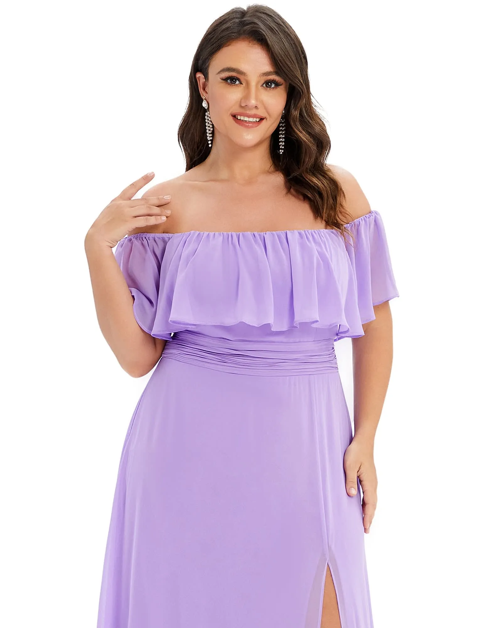 Women's Off Shoulder Ruffle Thigh Slit Bridesmaid Dresses | Lavender