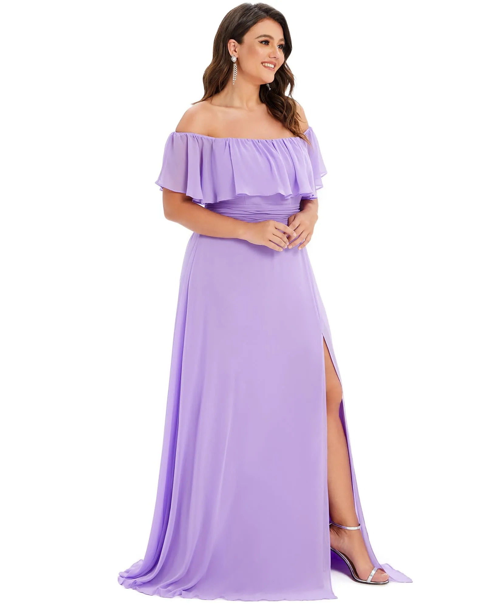 Women's Off Shoulder Ruffle Thigh Slit Bridesmaid Dresses | Lavender