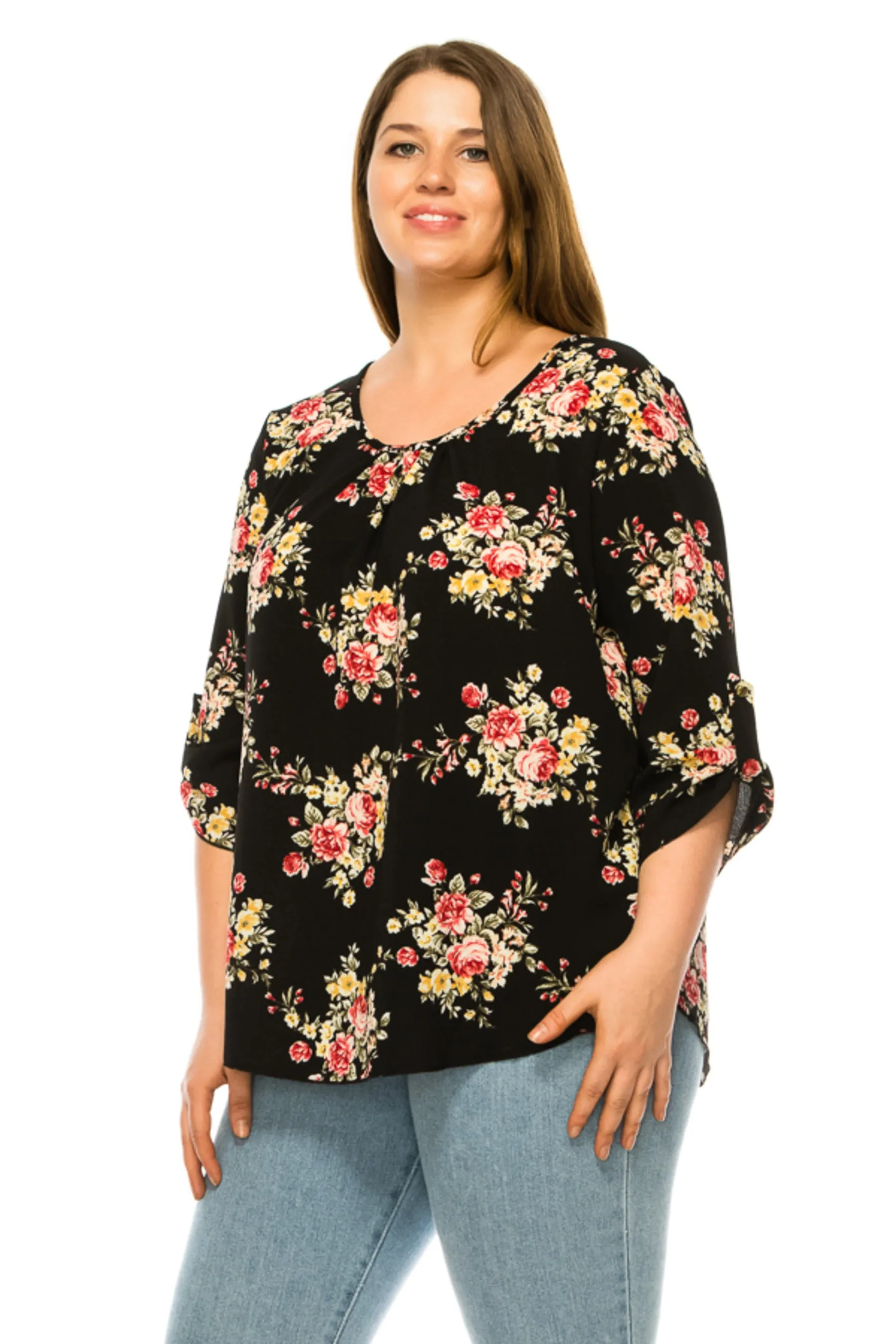 Women's Plus Floral Print Round Neck Roll Tab Sleeve Blouse Top