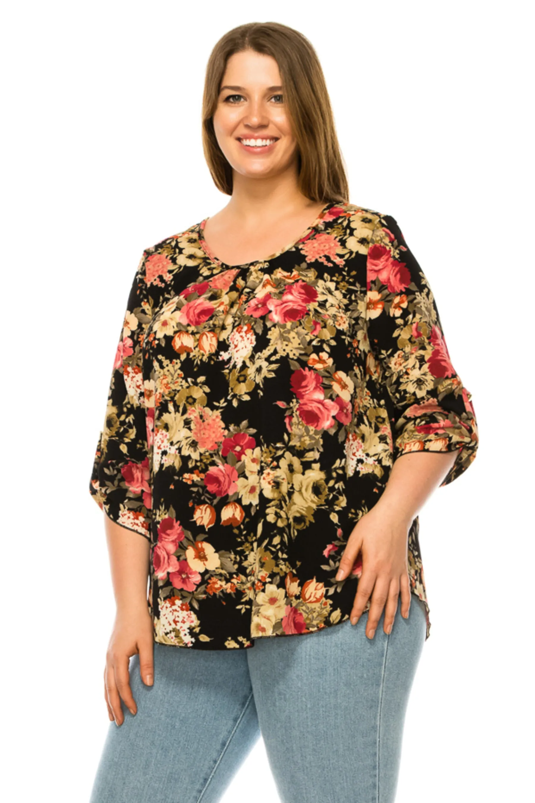 Women's Plus Floral Print Round Neck Roll Tab Sleeve Blouse Top