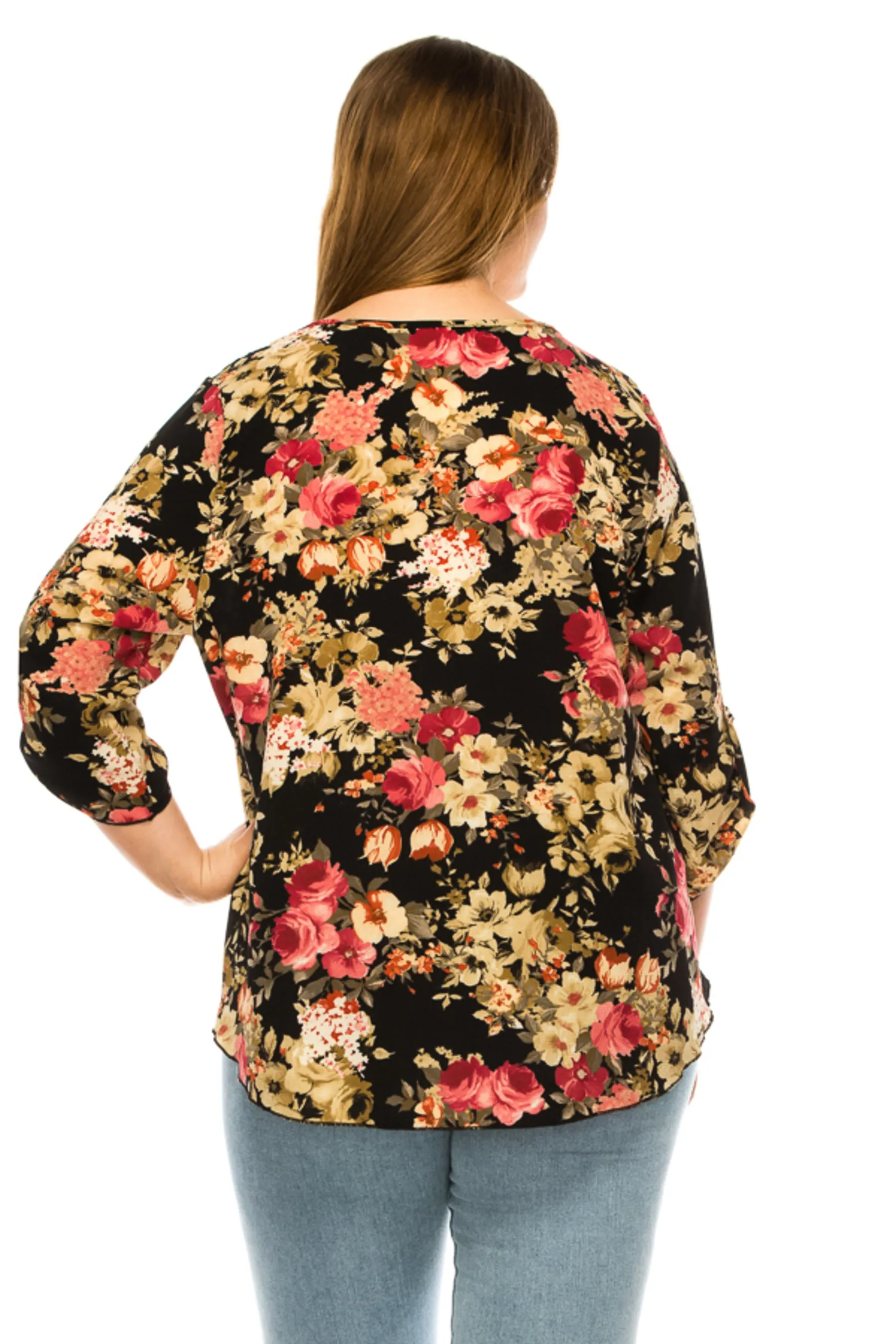 Women's Plus Floral Print Round Neck Roll Tab Sleeve Blouse Top