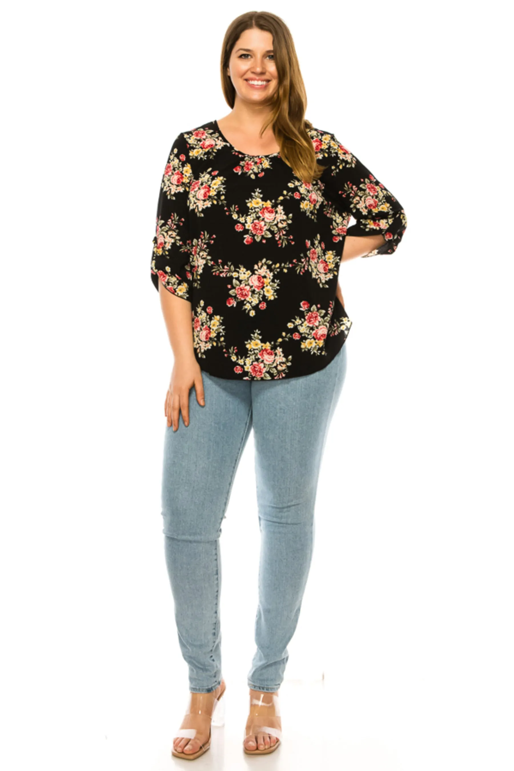 Women's Plus Floral Print Round Neck Roll Tab Sleeve Blouse Top