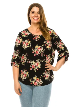 Women's Plus Floral Print Round Neck Roll Tab Sleeve Blouse Top