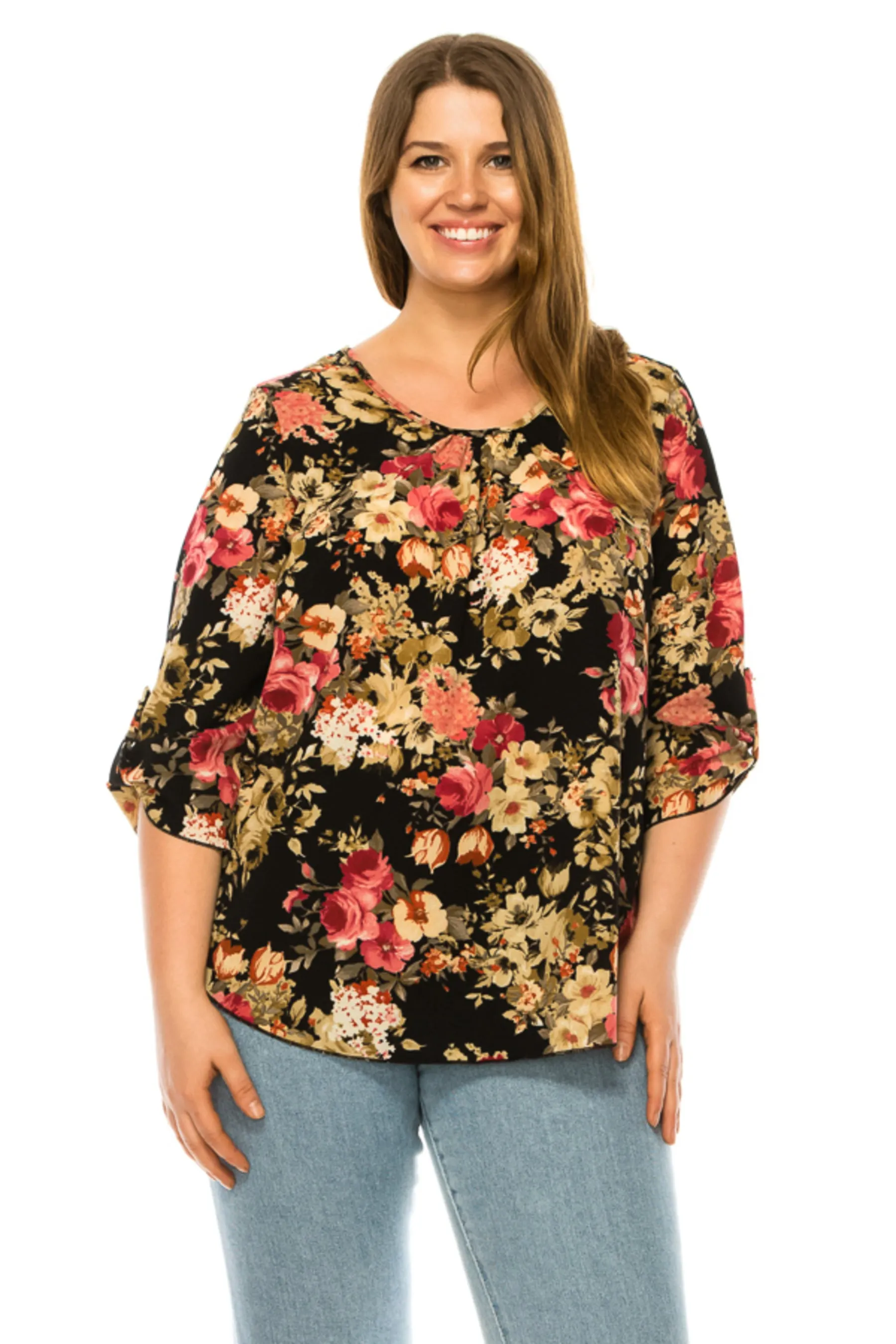 Women's Plus Floral Print Round Neck Roll Tab Sleeve Blouse Top