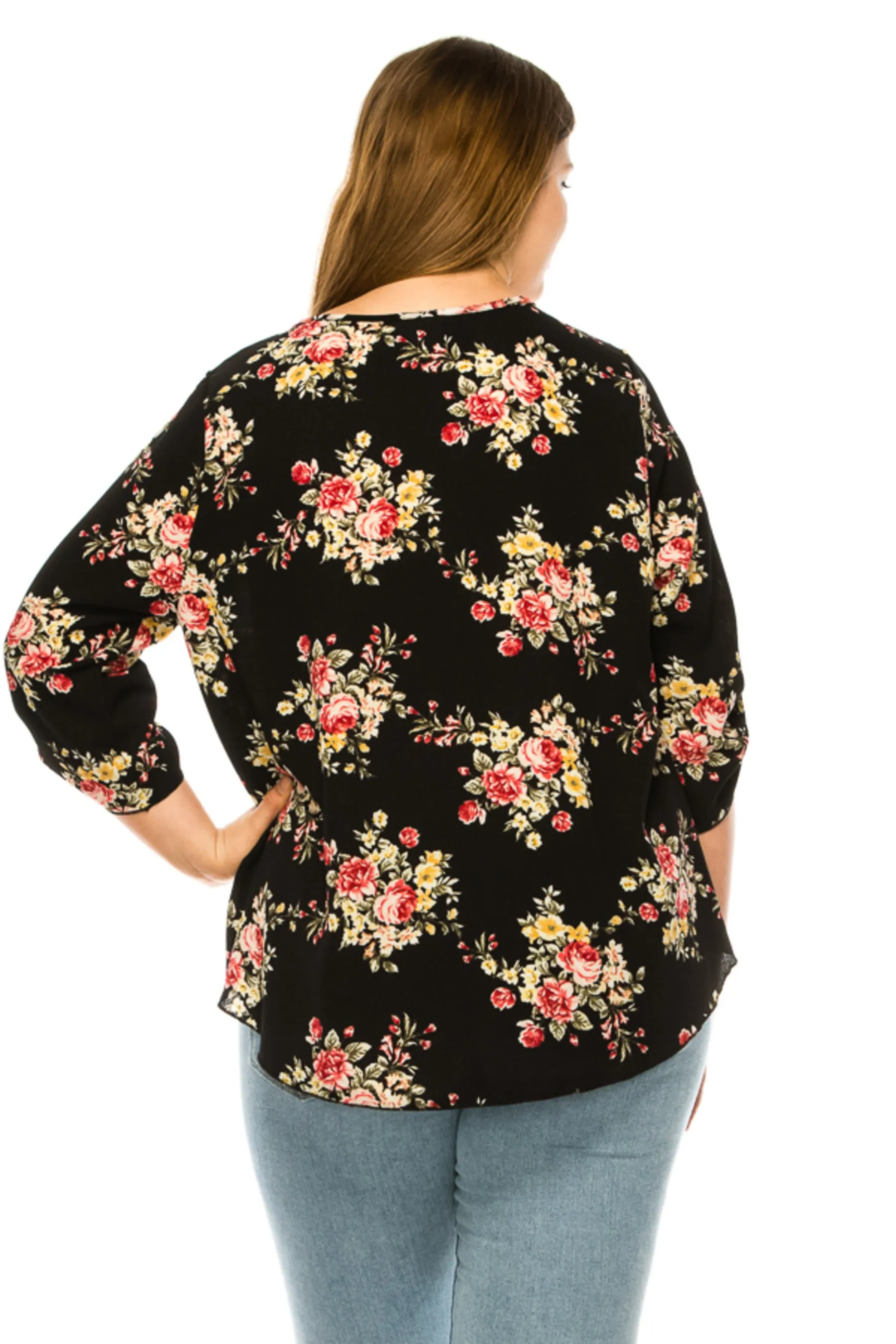 Women's Plus Floral Print Round Neck Roll Tab Sleeve Blouse Top