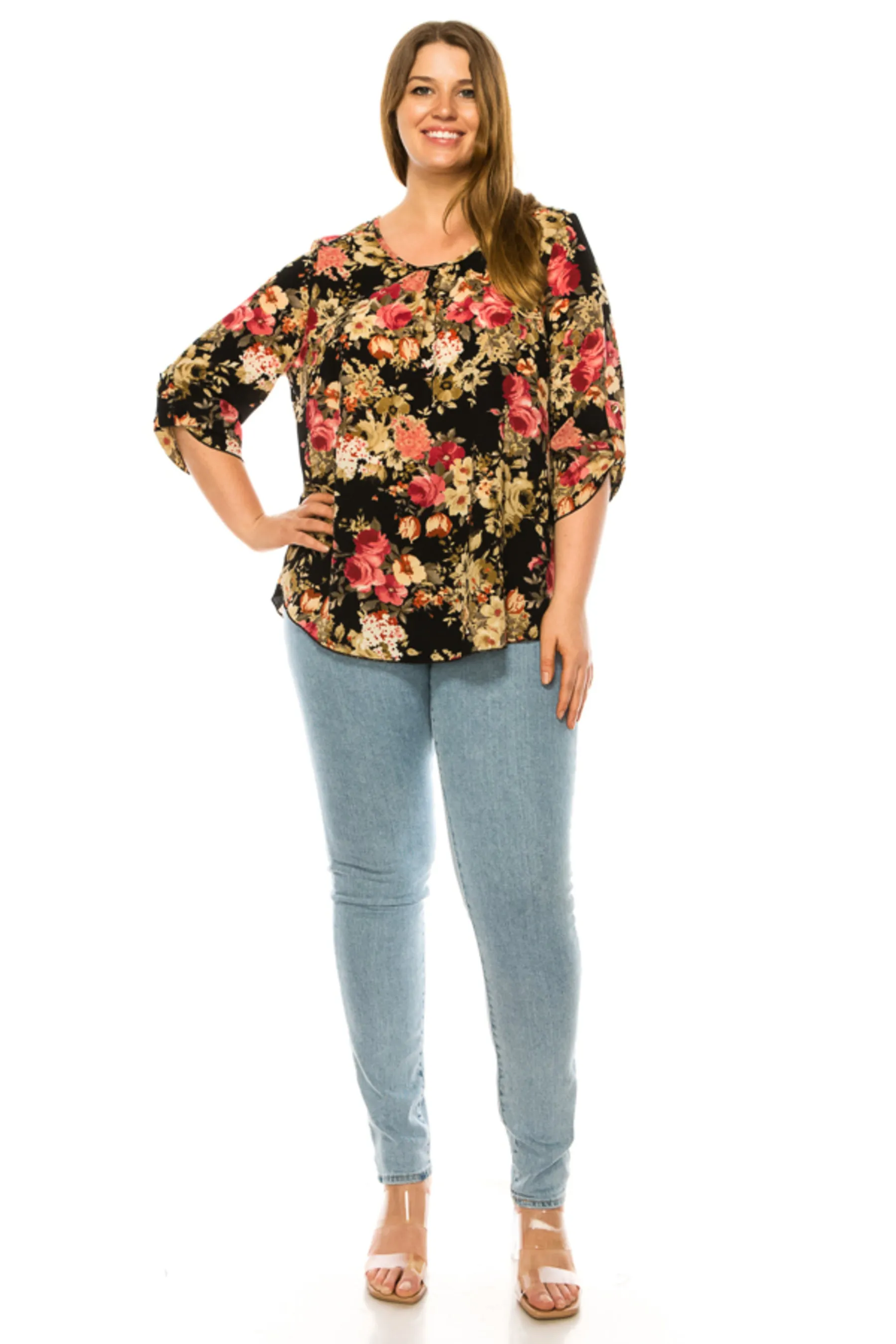 Women's Plus Floral Print Round Neck Roll Tab Sleeve Blouse Top