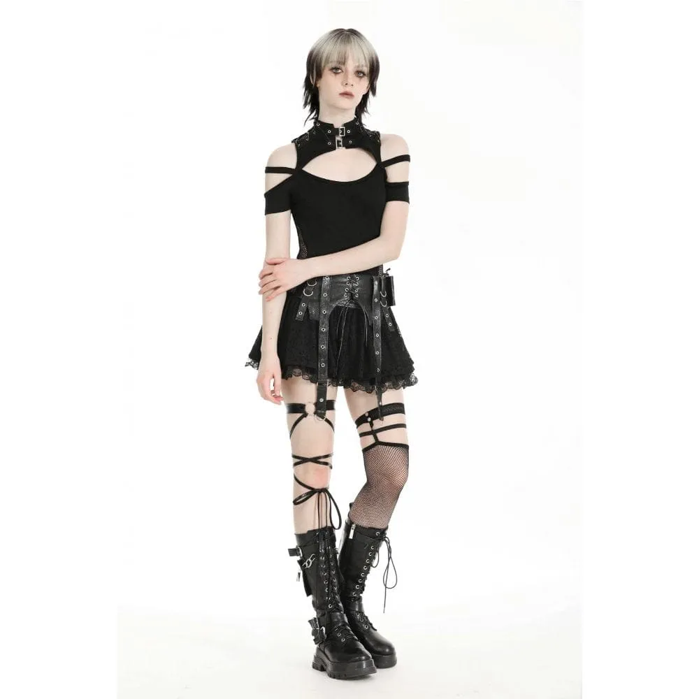 Women's Punk Faux Leather Splice Lace Skirt