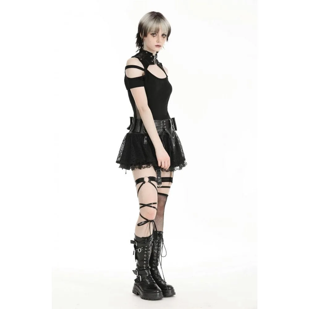 Women's Punk Faux Leather Splice Lace Skirt