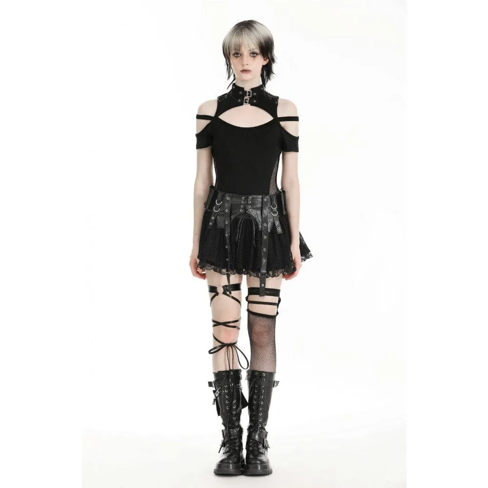 Women's Punk Faux Leather Splice Lace Skirt
