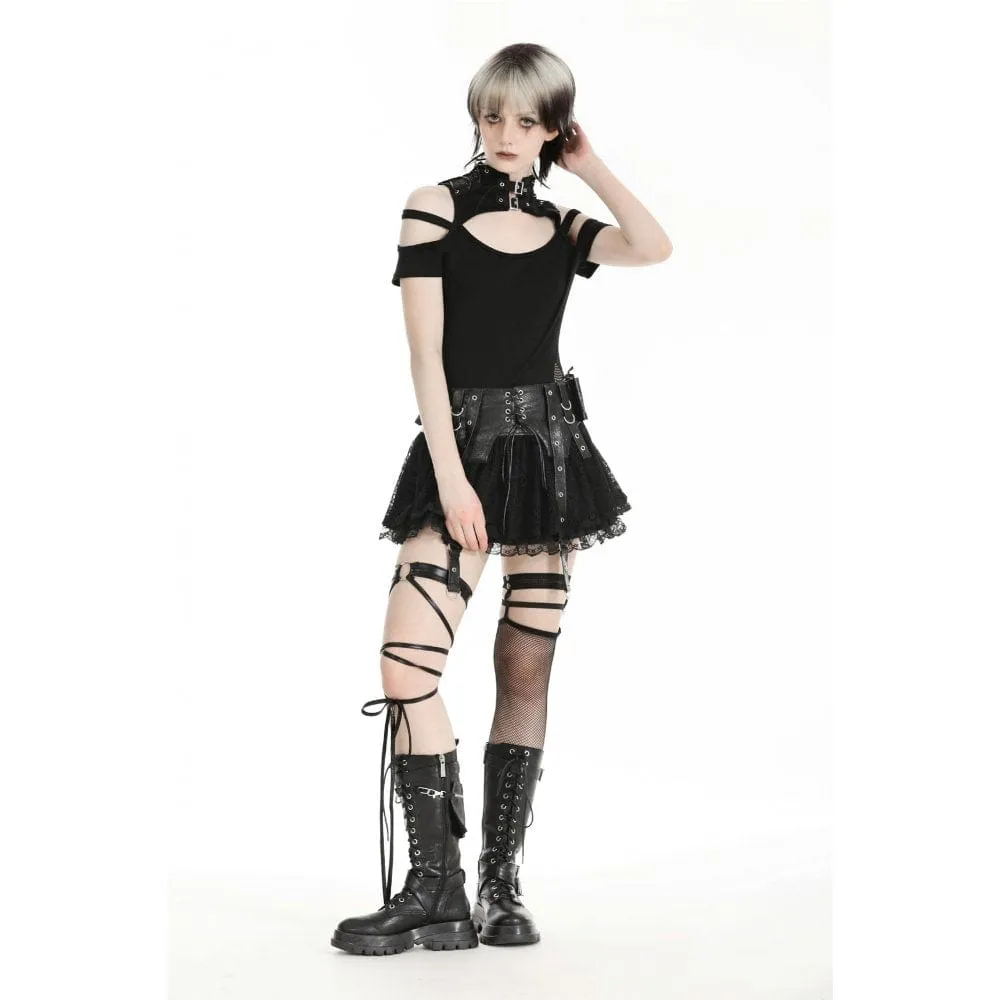 Women's Punk Faux Leather Splice Lace Skirt