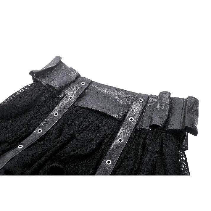 Women's Punk Faux Leather Splice Lace Skirt