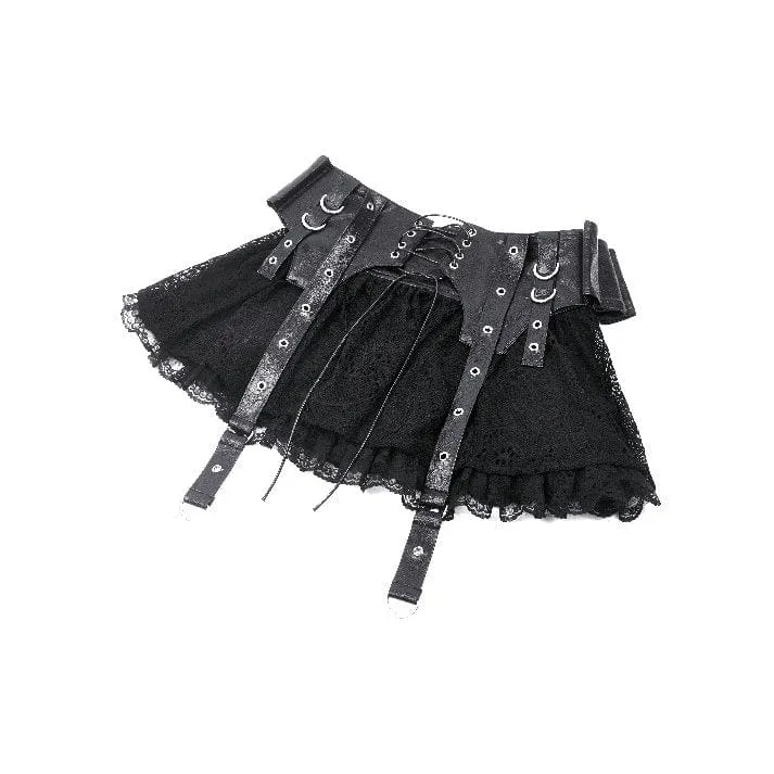 Women's Punk Faux Leather Splice Lace Skirt