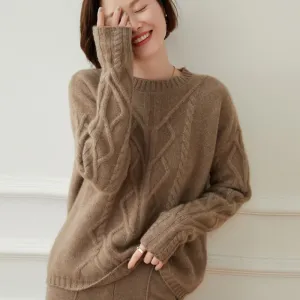 Women's Round Neck Sweater Diamond Loose Wool Thickened Knitted Bottoming Sweater