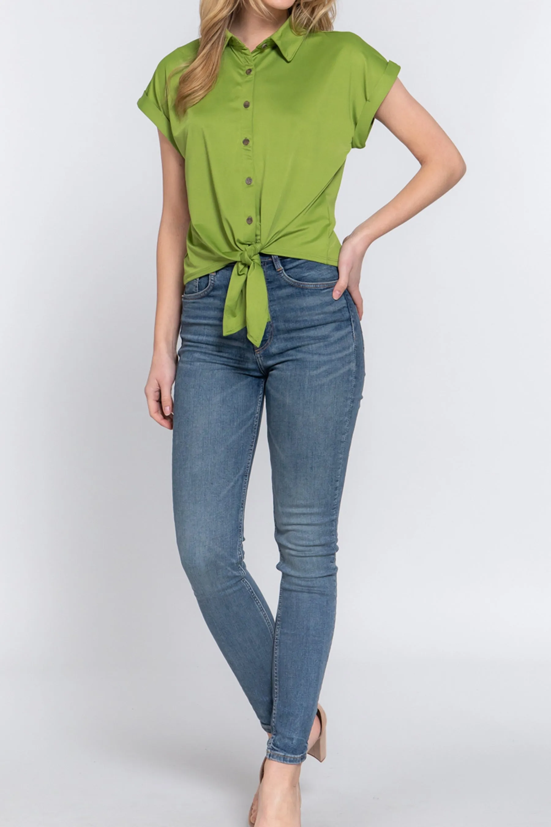 Women's Short Sleeve Front Tie Detail Stretch ITY Top