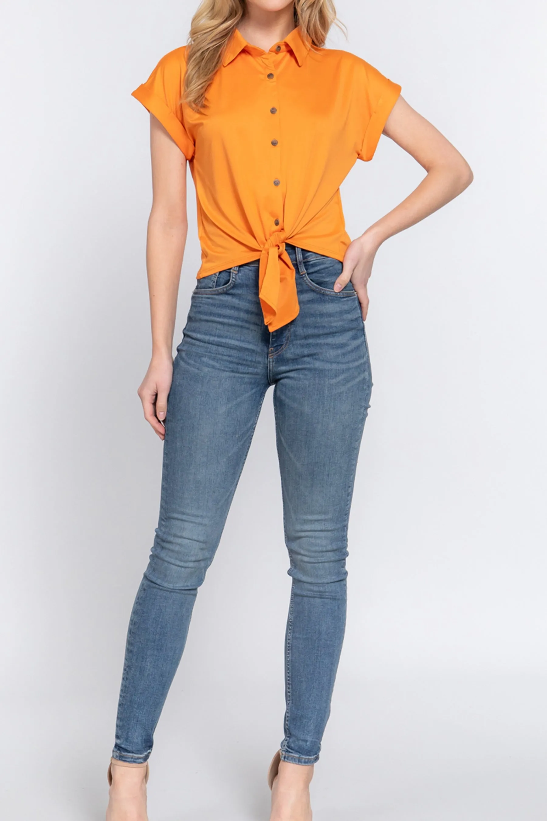 Women's Short Sleeve Front Tie Detail Stretch ITY Top