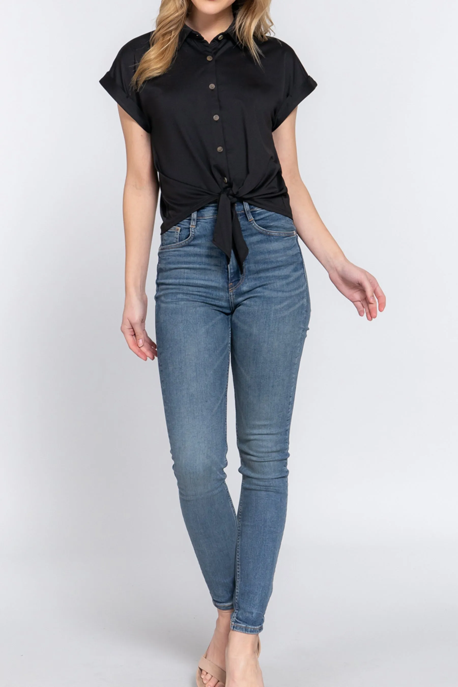 Women's Short Sleeve Front Tie Detail Stretch ITY Top