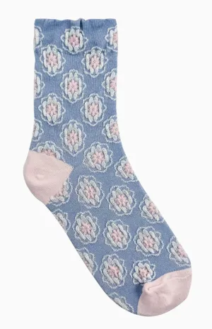 Women's Soft Flower Pattern Crew Socks -Light Blue