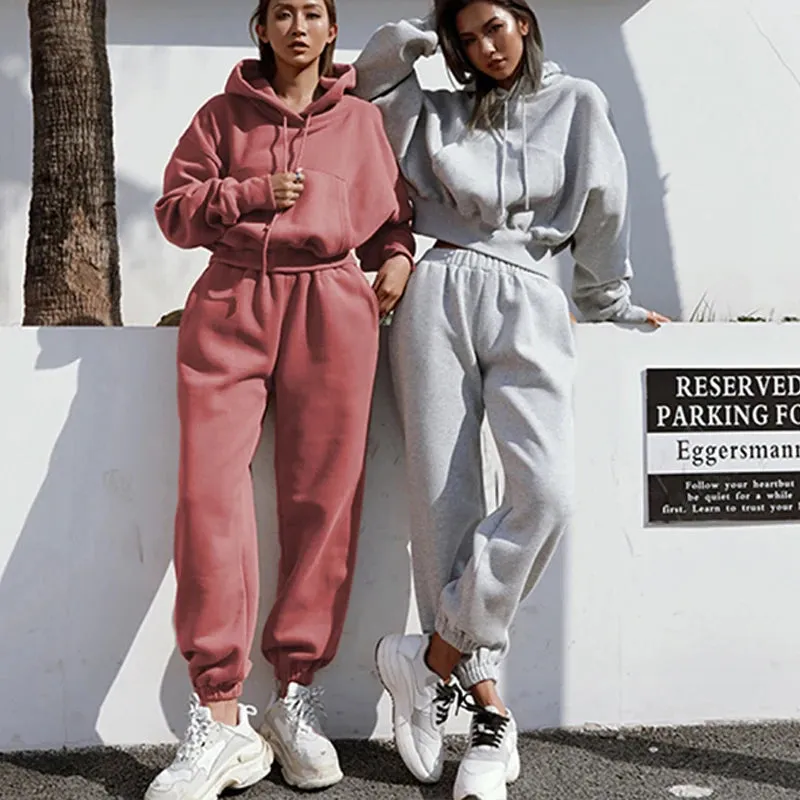 Women's Solid Color Two-Piece Tracksuit – Hoodie & Wide-Leg Pants Set