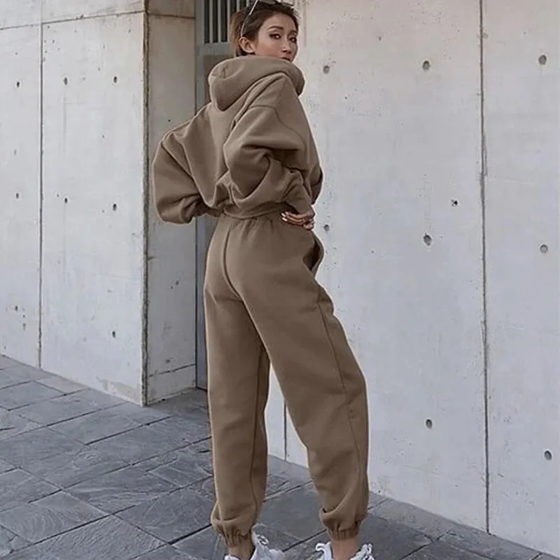 Women's Solid Color Two-Piece Tracksuit – Hoodie & Wide-Leg Pants Set