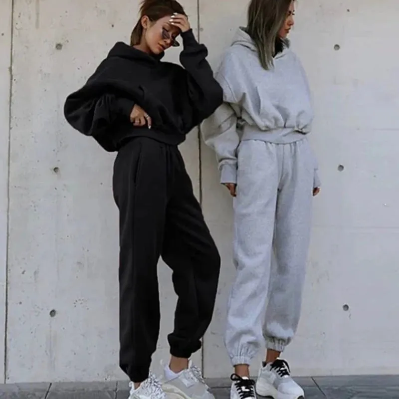 Women's Solid Color Two-Piece Tracksuit – Hoodie & Wide-Leg Pants Set