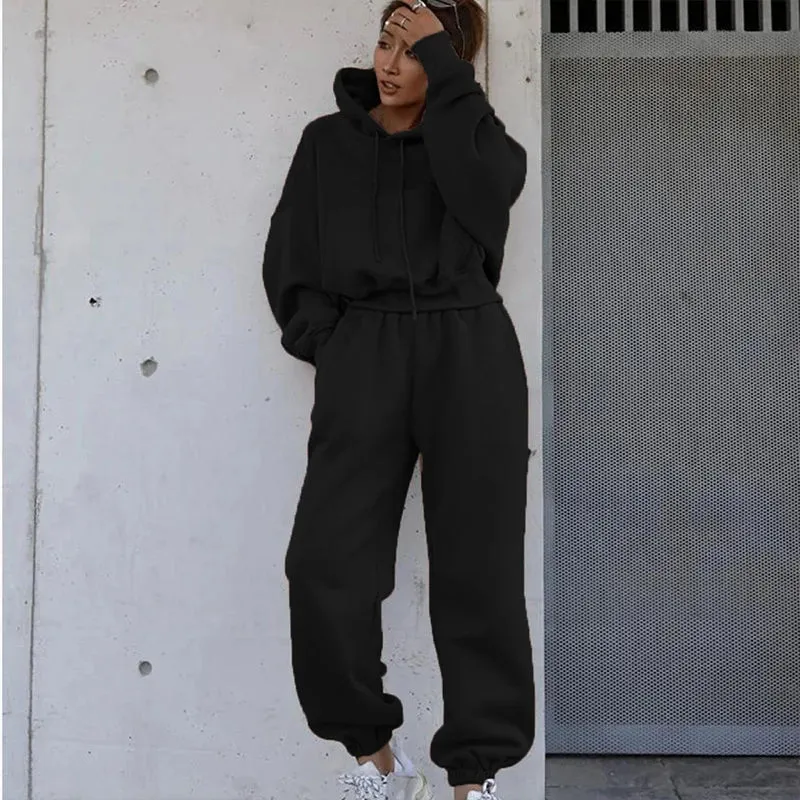 Women's Solid Color Two-Piece Tracksuit – Hoodie & Wide-Leg Pants Set